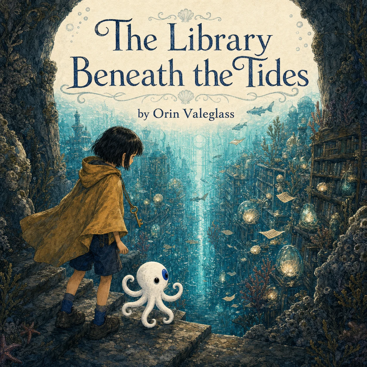 Fictional studio concept cover for The Library Beneath the Tides
