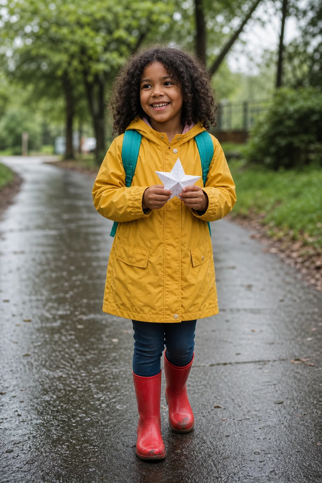 Fictional source photo of a child in a yellow raincoat
