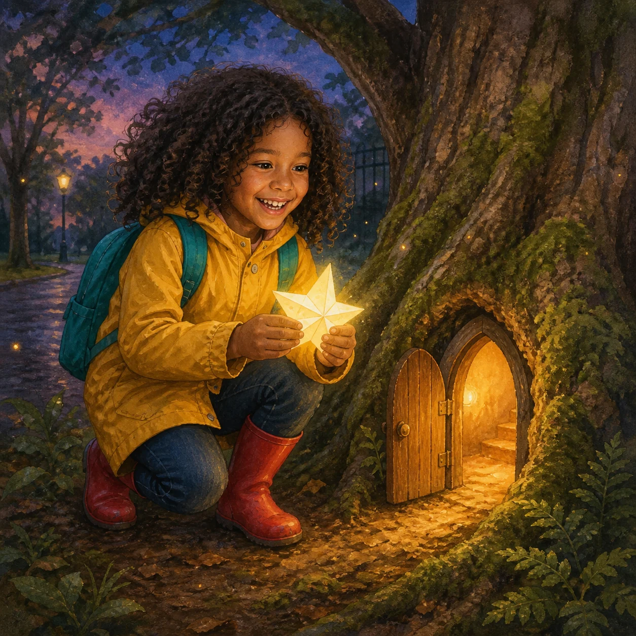 Storybook transformation of the same fictional child at a glowing tree door