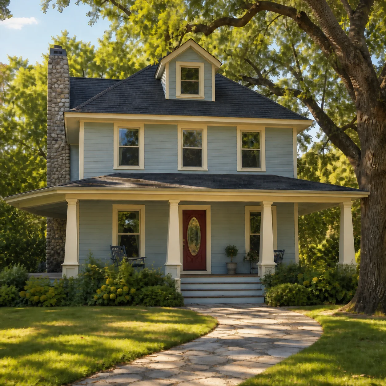 Fictional source photo of a pale-blue Craftsman house