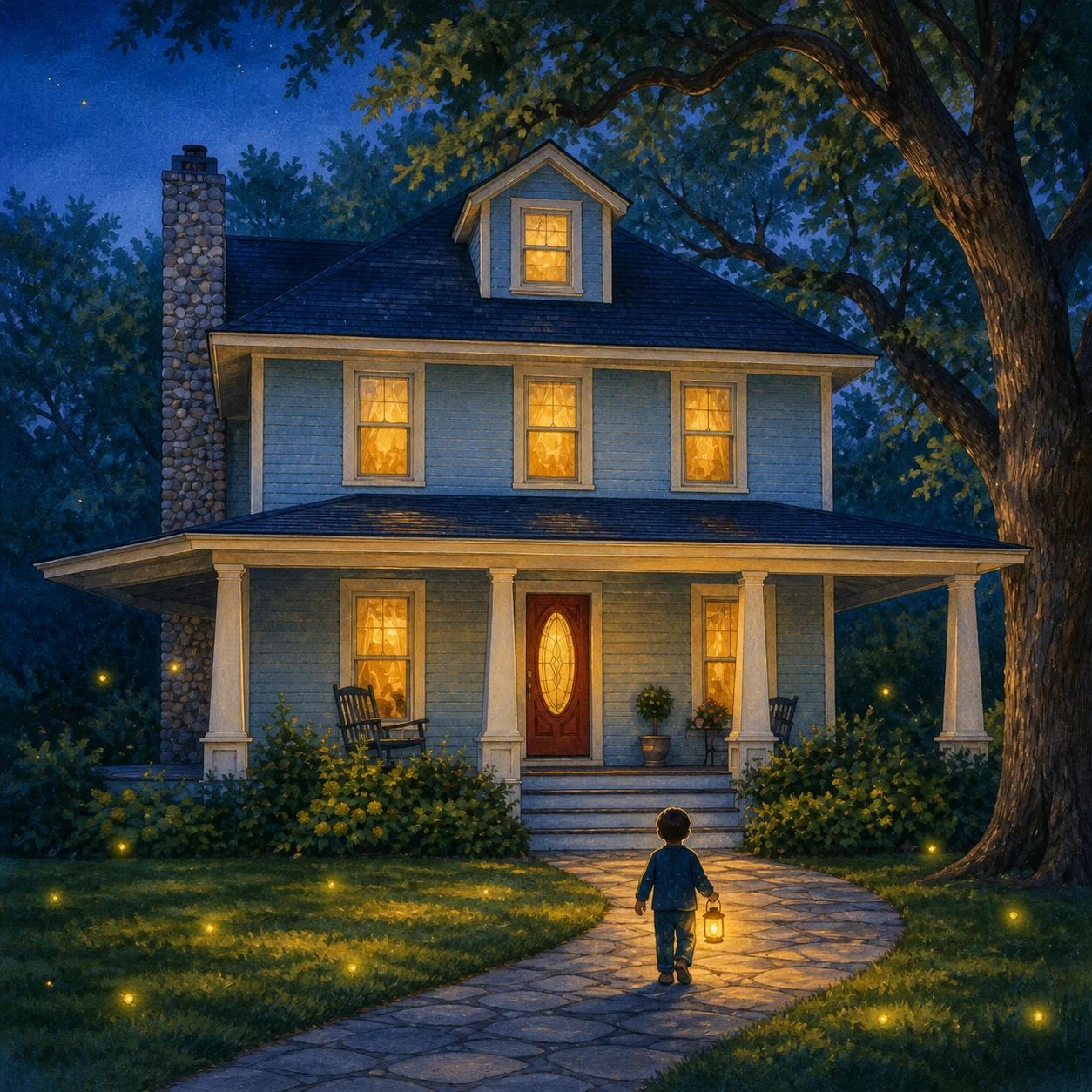Storybook transformation preserving the fictional house in a magical blue-hour scene
