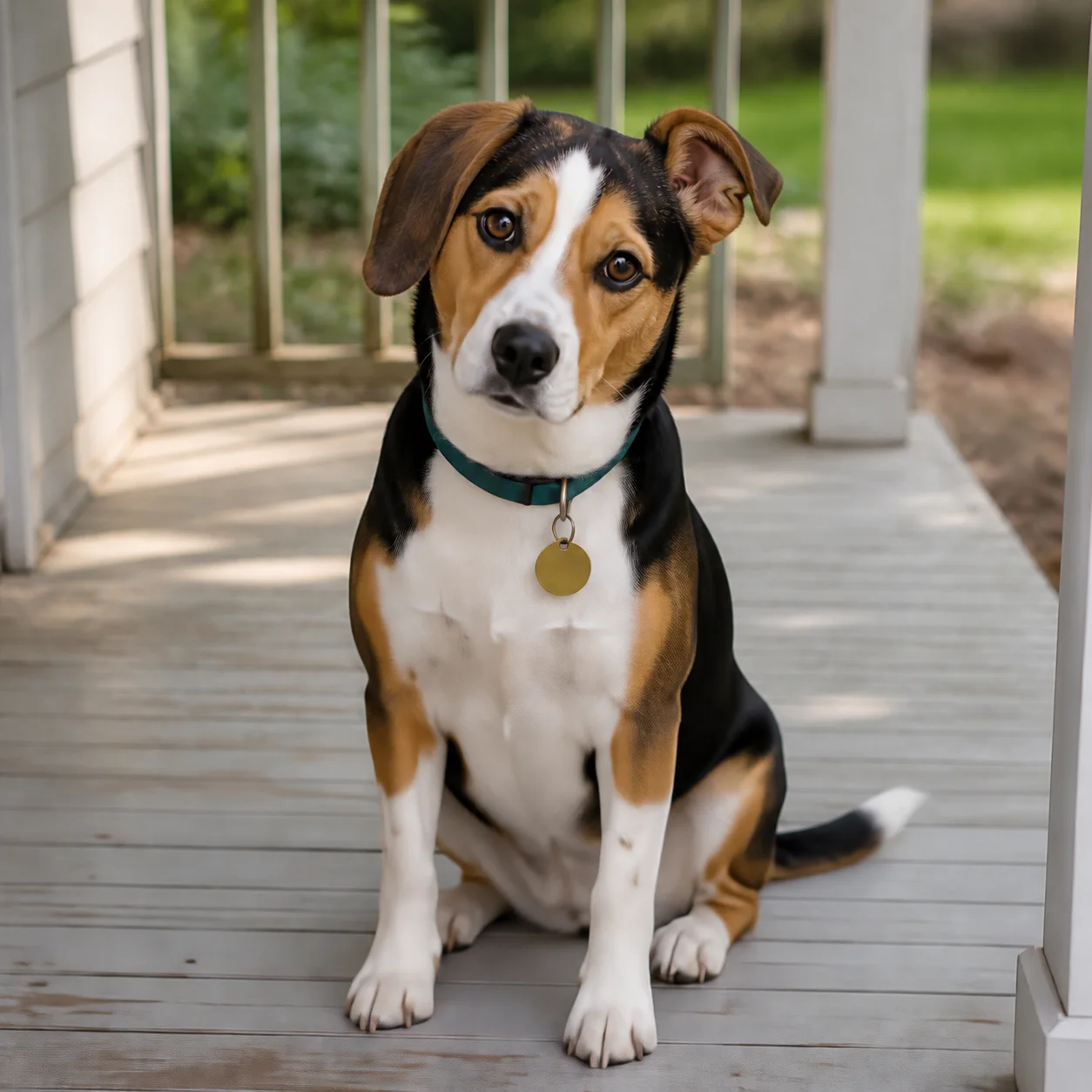 Fictional source photo of a tricolor dog with a teal collar