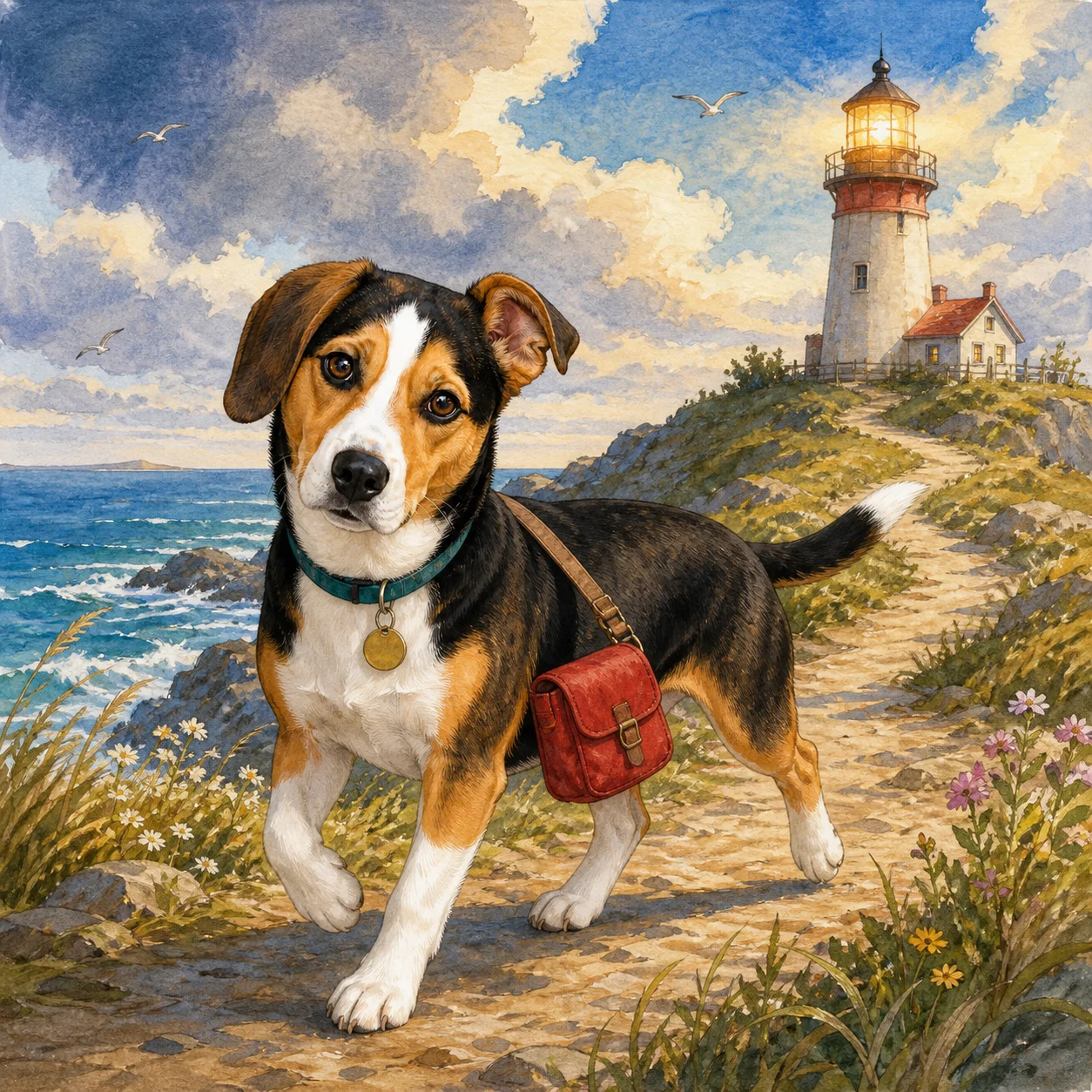 Storybook transformation of the same fictional dog on a lighthouse path