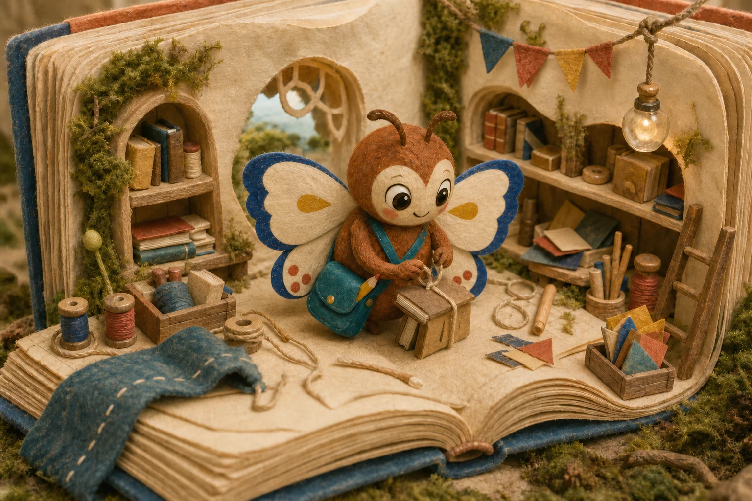 Pip binding a tiny book in a felt and miniature-paper workshop